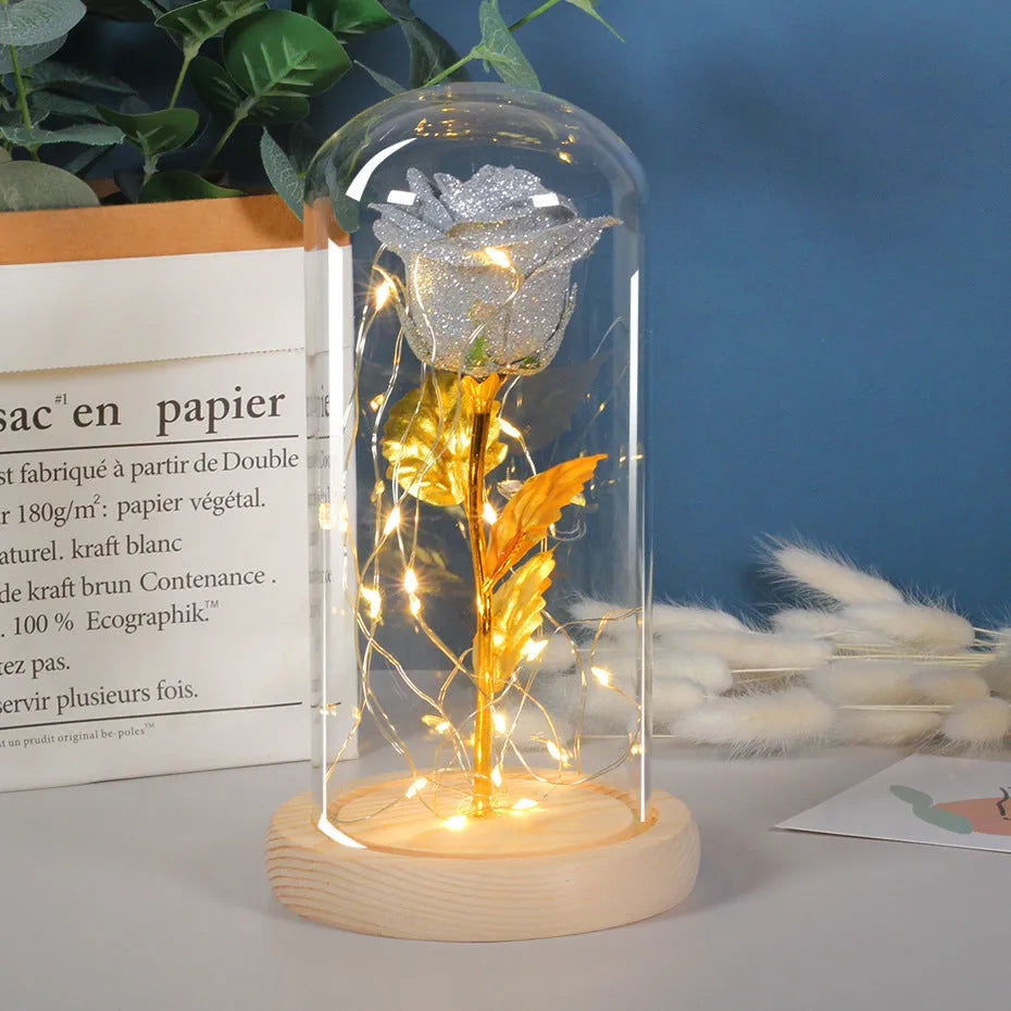 Eternal rose in glass cover with LED light on, seven colour options, handmade copper wire stem
