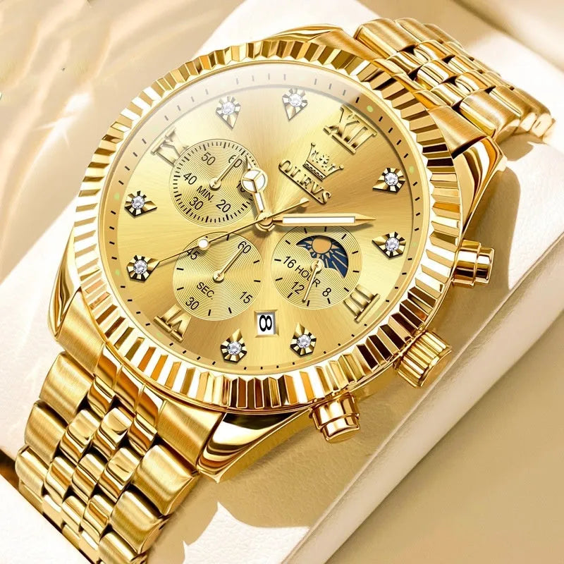 Men's full gold quartz watch with stainless steel strap, round dial, and butterfly buckle on white background