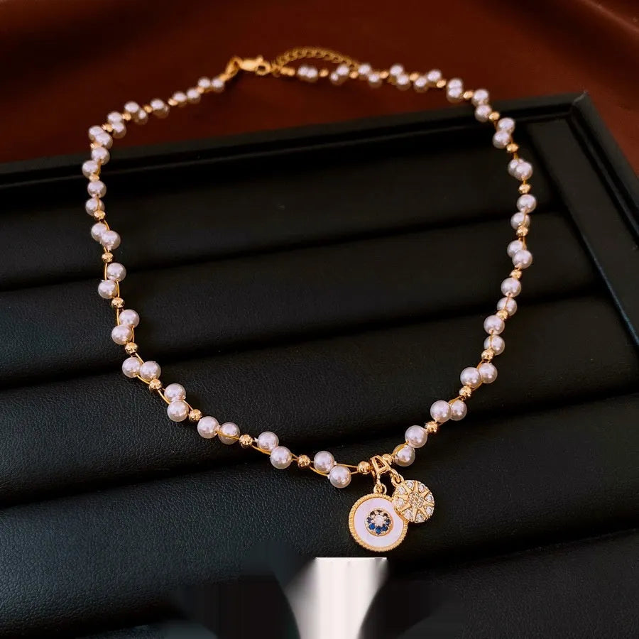 Gold electroplated clavicle necklace with round zircon pearl pendant, adjustable 41-50cm chain