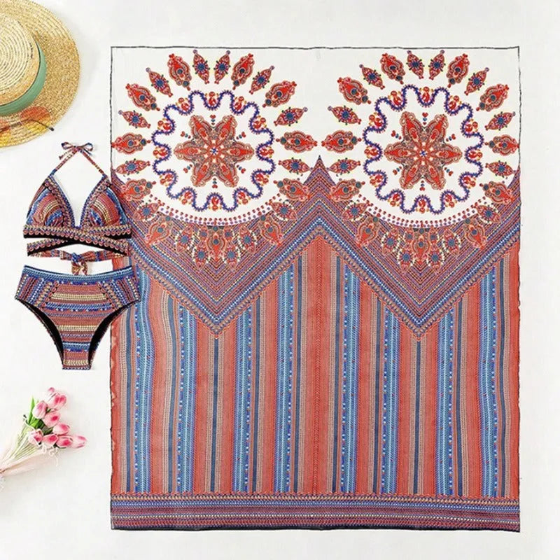 Women's three-piece split swimsuit set showing high-waist briefs and cutout blouse in polyester fabric