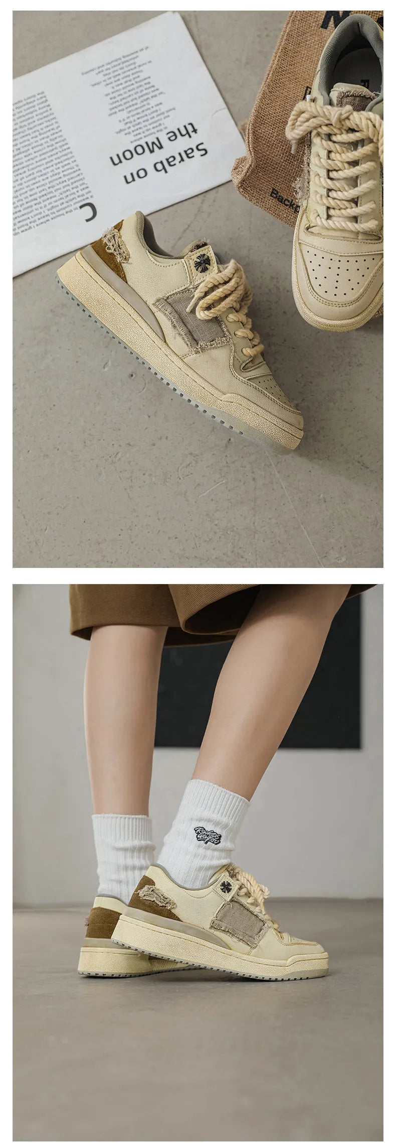 Beige low-top casual skateboard shoes with round toe and front lace-up on a rubber sole.