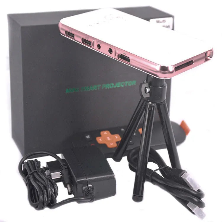 M6S miniature white and rose gold Android projector showing compact 145mm size with smartphone connectivity