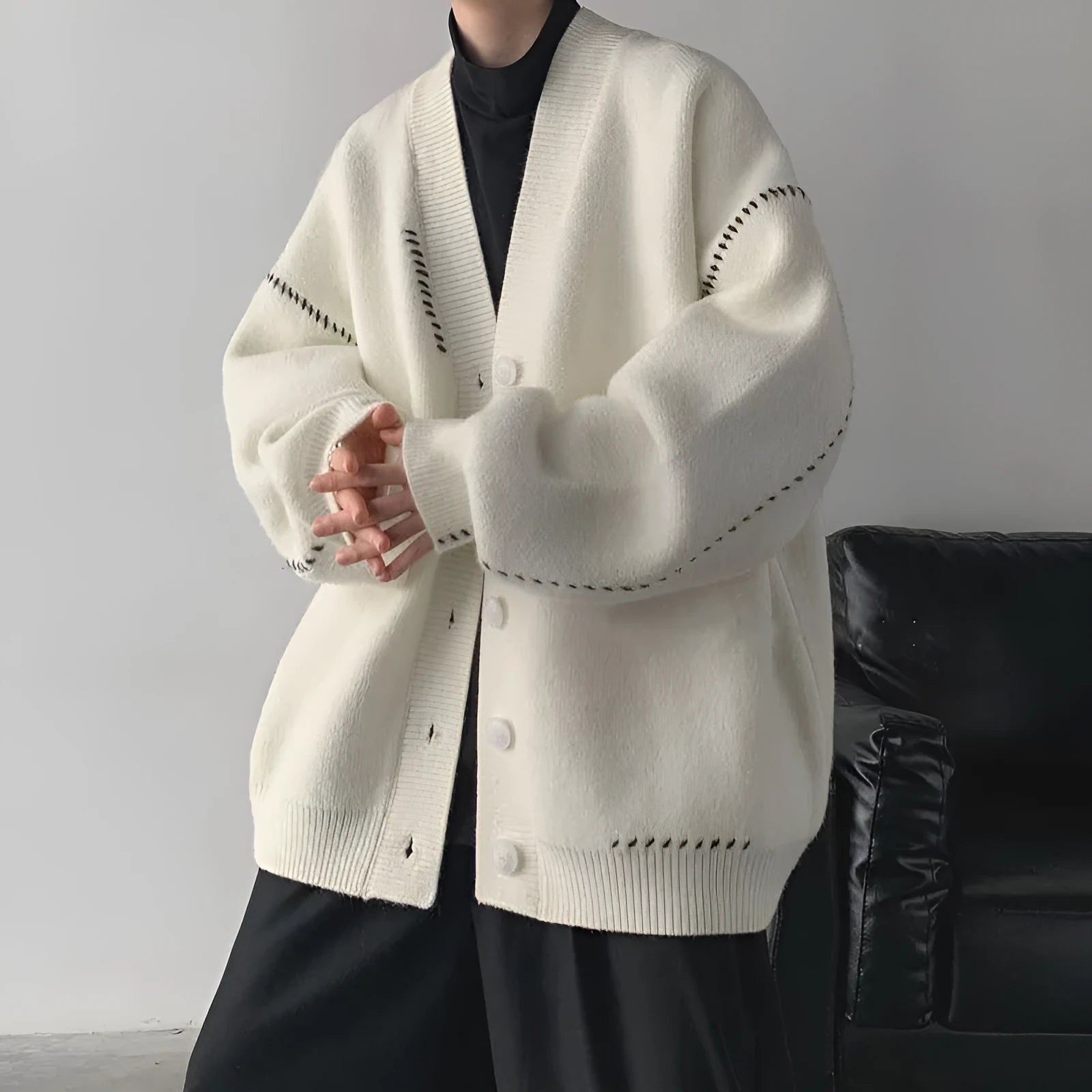 Women's loose fit knitted cardigan coat with long sleeves in black