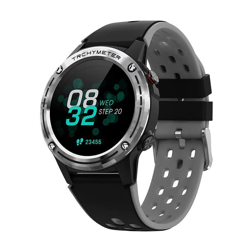 GPS smartwatch with silicone strap in blue, black, cyan, and silver black colour options.