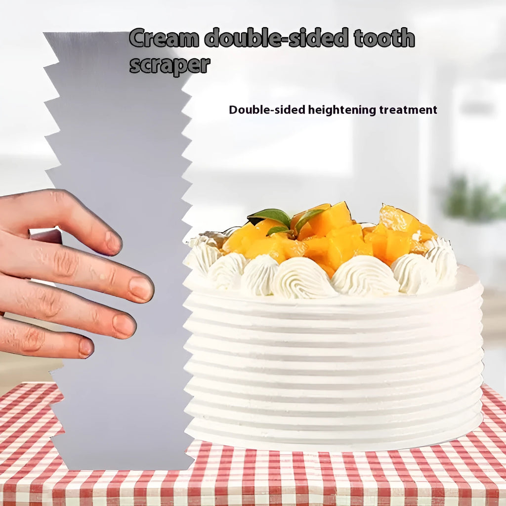 Stainless steel cake scraper with a polygon patterned blade for icing and filling work.