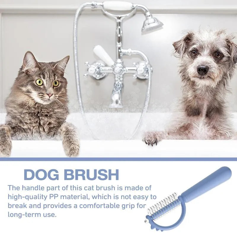 Blue dinosaur-shaped self-cleaning cat brush with double-sided stainless steel bristles