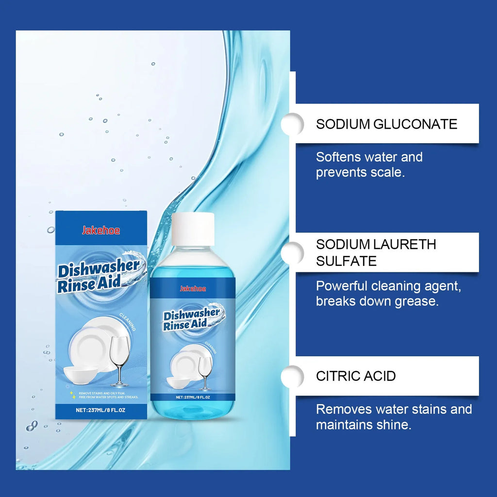 237mL bottle of concentrated dishwasher detergent for stain and oil removal on kitchenware.