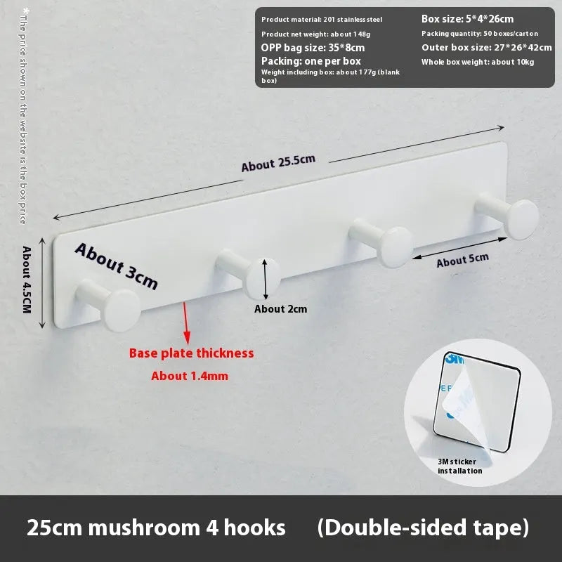 Iron adhesive wall hook with multiple arms on shower door, white double-sided tape visible