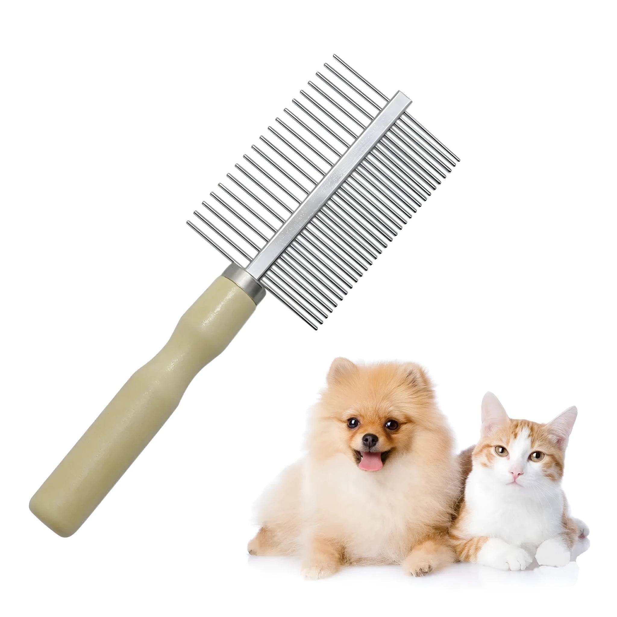 Wooden handled pet grooming comb with round-tipped teeth, shown next to a dog.