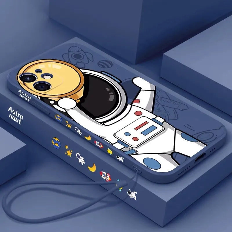 Silicone iPhone case with painted cartoon astronaut and starry sky planet design.