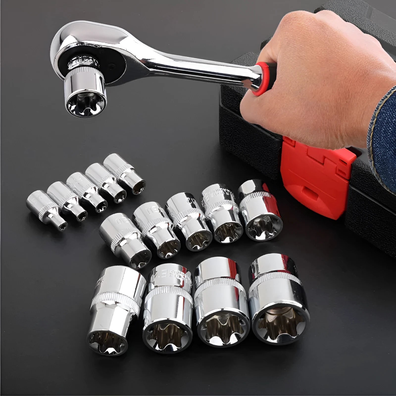 14-piece E-type socket set in red box, chrome vanadium steel, for auto repair and mechanical use