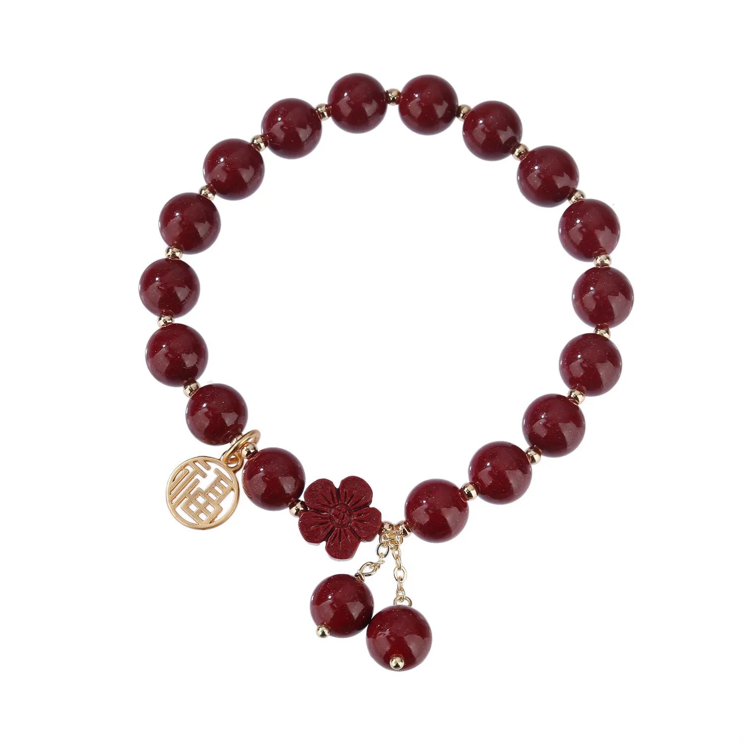 Women's national style cinnabar bracelet with fu character design and peach blossom tassel detailing