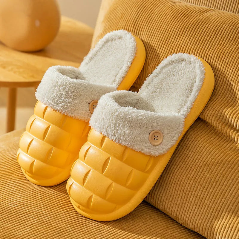 Women's pink detachable sole plush house slipper with round toe and flat heel