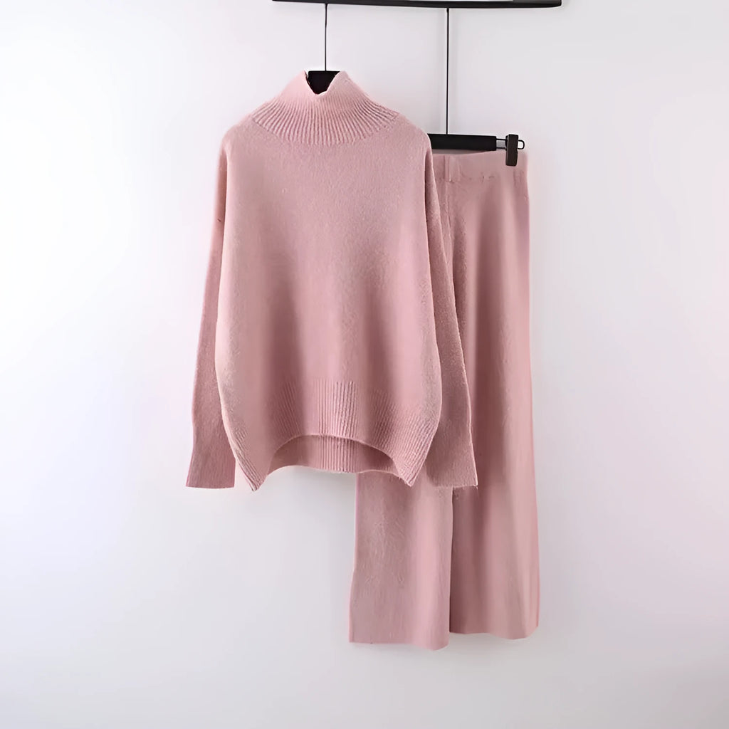 Women's beige acrylic long-sleeve sweater and wide-leg trousers two-piece casual set.