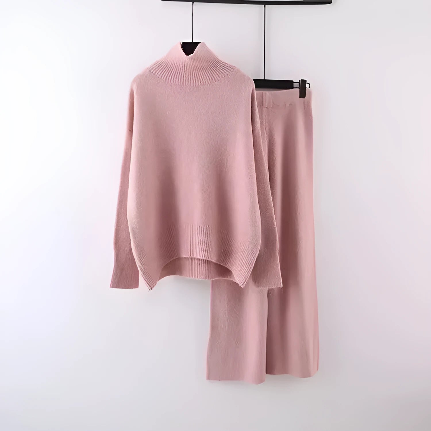 Women's beige acrylic long-sleeve sweater and wide-leg trousers two-piece casual set.