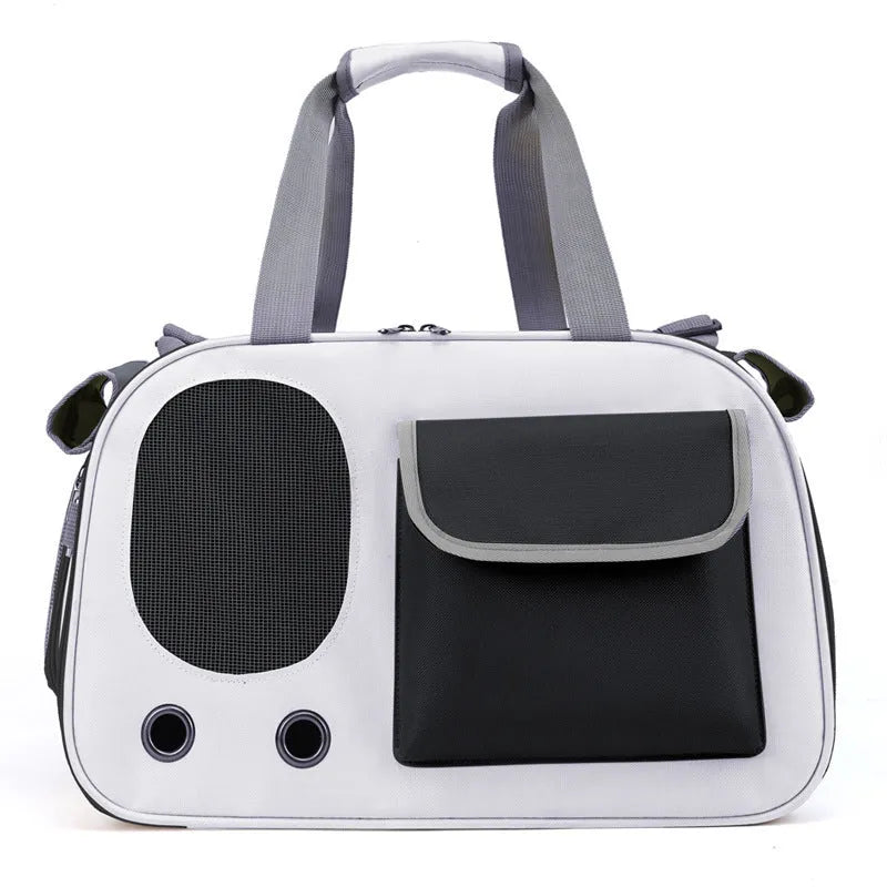 Foldable canvas pet carrier backpack in black with single shoulder strap