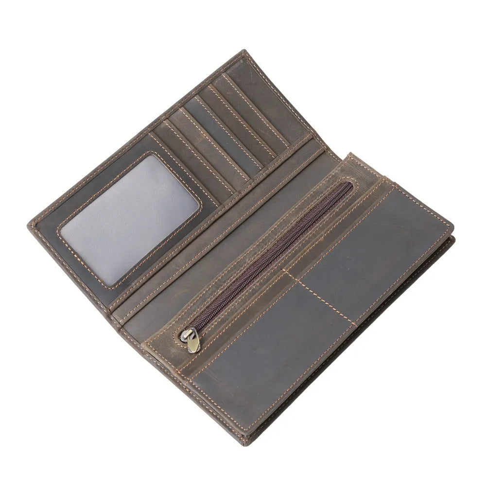 Pure first layer cowhide retro wallet in dark brown with 10 card slots and zip pocket