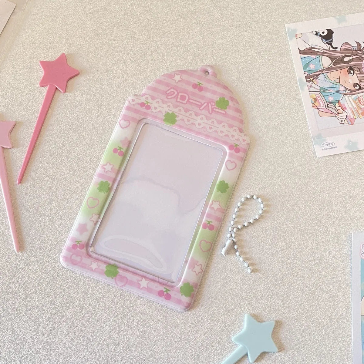 Cartoon strawberry design PVC meal card holder measuring 7.6cm by 13.6cm