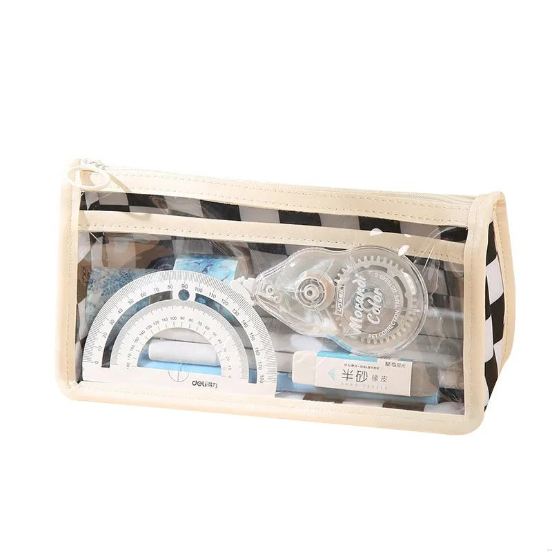 Transparent PVC pencil case with chessboard grid pattern, dimensions 21.5 x 8 x 11.5 cm