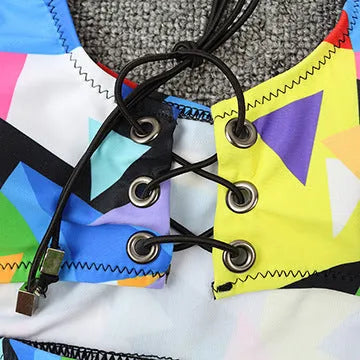 Women's cross strap fishnet high waist bikini set in multicolor checkered pattern, polyester swimsuit with top and shorts