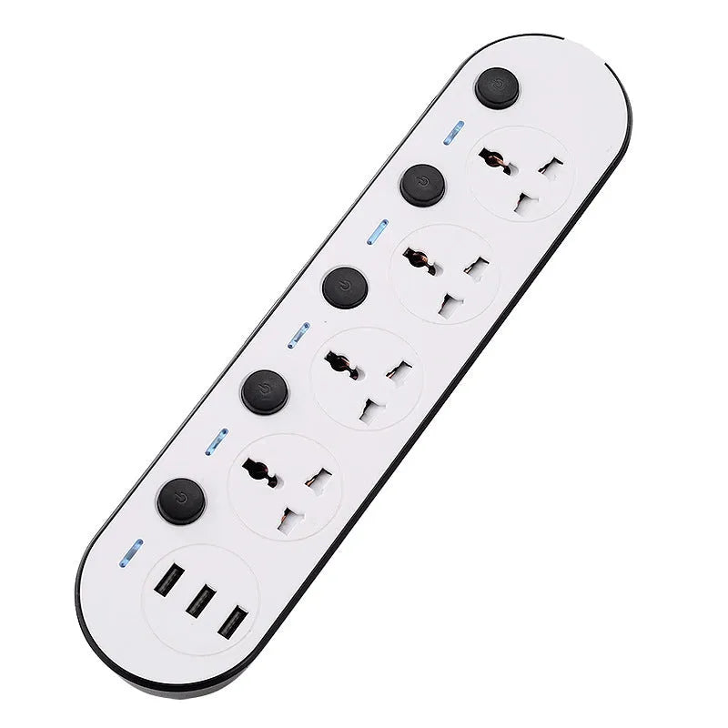 International power strip with UK, EU and US plugs, four sockets and USB charging ports