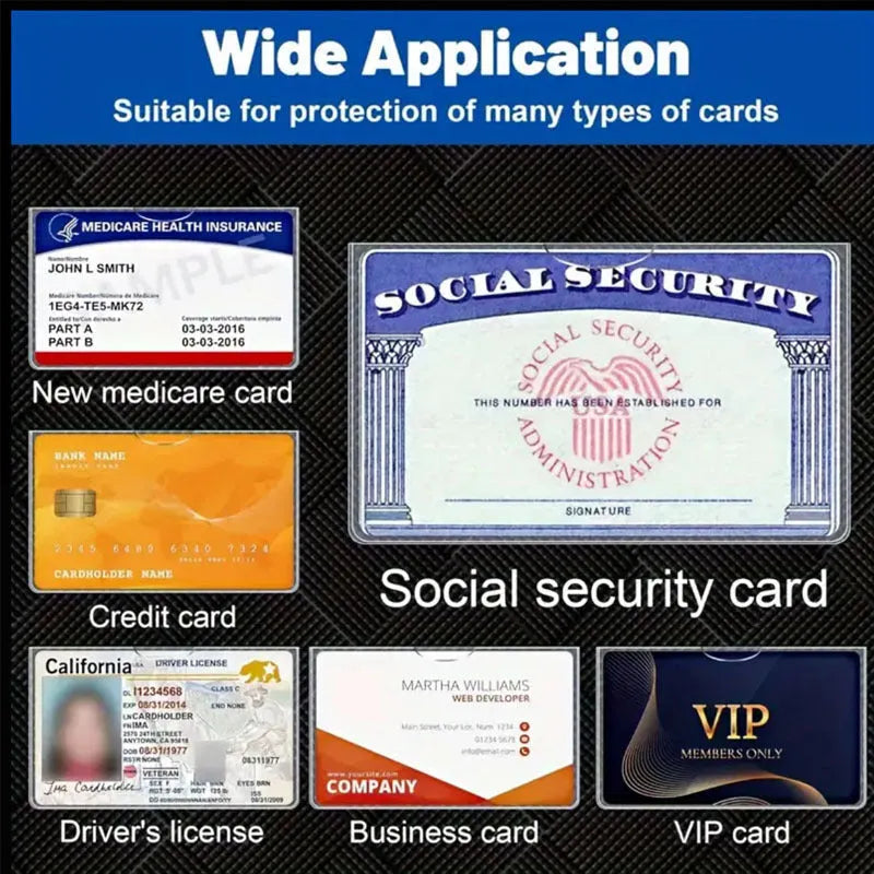 Clear PVC ID card holder showing social security card inside, measuring 9.7 by 5.9 centimetres