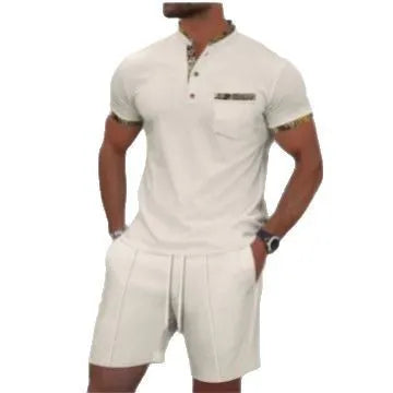 Men's waffle texture short sleeve suit set with zipper polo collar and shorts in solid colour
