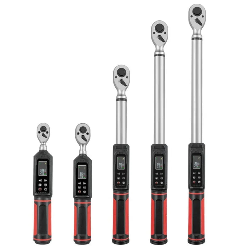 Electronic digital display torque wrench with triple alert system showing sound, light, and vibration warnings