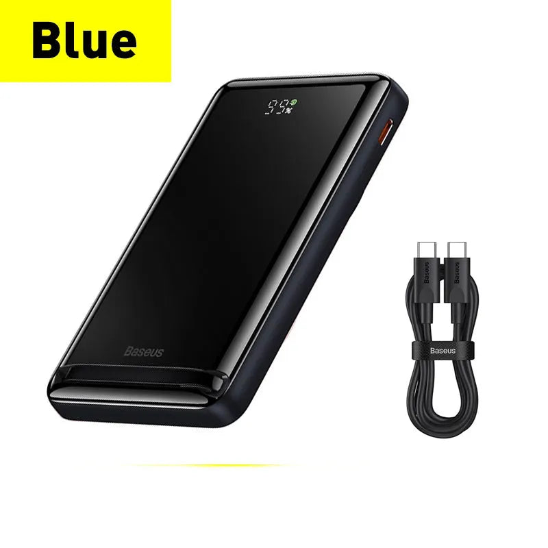 Slim blue magnetic power bank with wireless charging capability showing dimensions