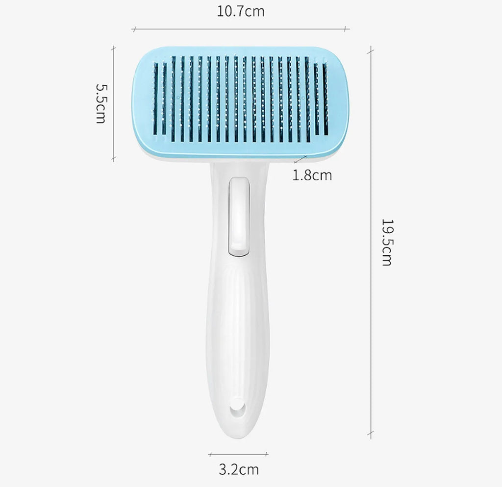 Automatic pet hair removal comb for dogs and cats in blue, grey, green, and pink colour options
