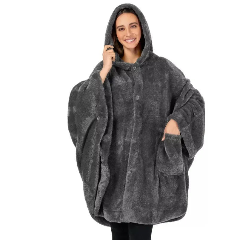 Thick hooded bathrobe in black colour with long sleeves and cardigan-style front