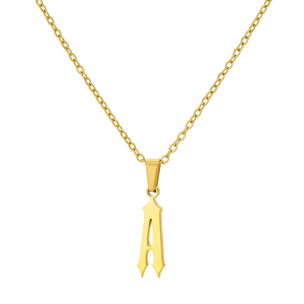 Gold stainless steel ancient English letter pendant necklace with O-ring chain on white background