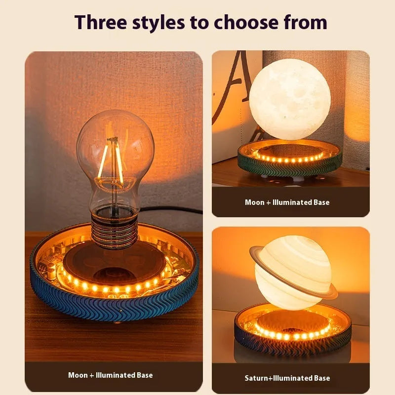 Magnetic suspension decorative lamp with 3D printed moon design floating above base