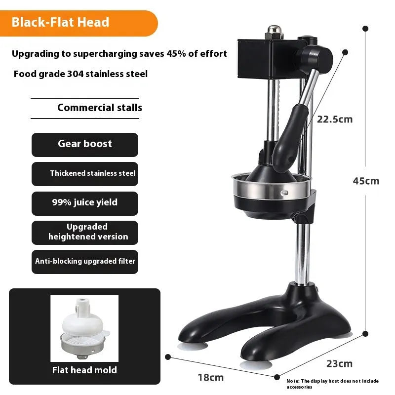 Stainless steel manual vertical citrus juicer on a countertop, showing optional colour finishes and head styles.
