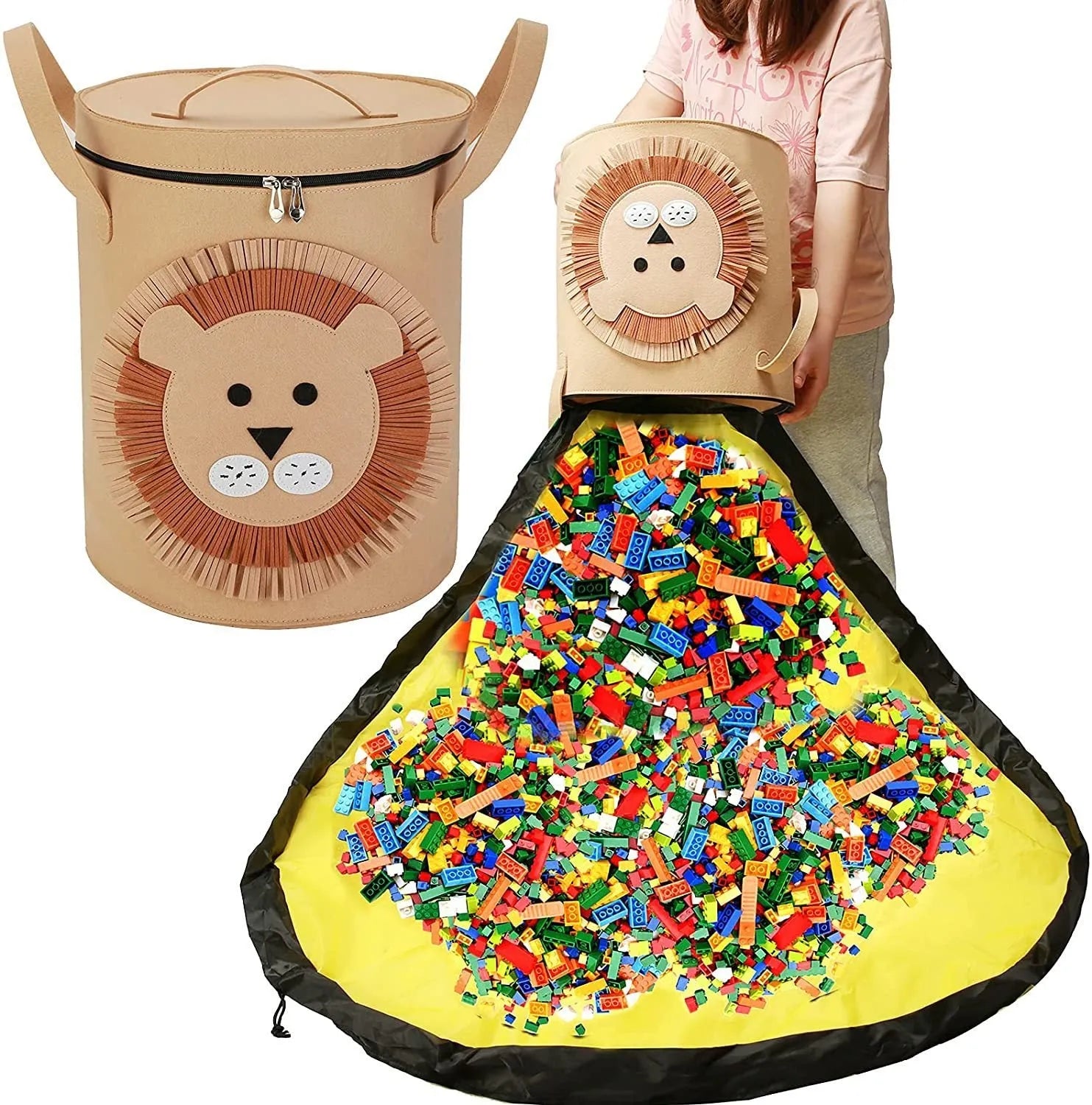 Green felt storage bag converted into a toy play mat with pull rope closure