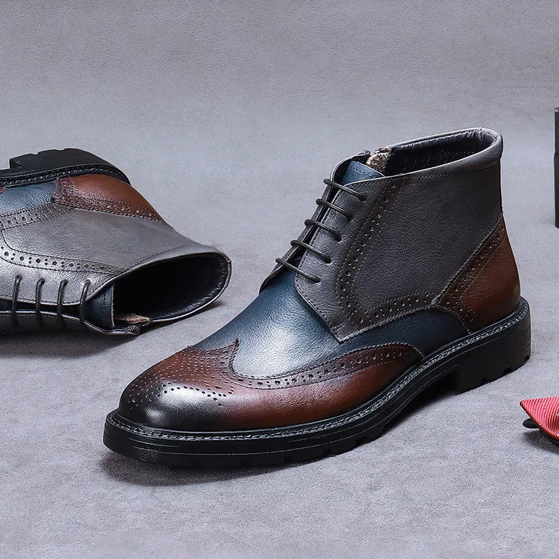 Coffee blue men's leather brogue ankle boots with decorative stitching and front laces.