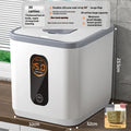 Grey plastic rice storage jar with airtight lid and measuring cup in 10kg, 20kg, and 30kg capacity options