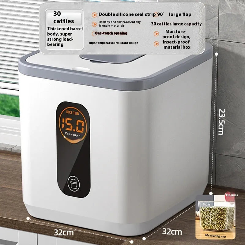 Grey plastic rice storage jar with airtight lid and measuring cup in 10kg, 20kg, and 30kg capacity options