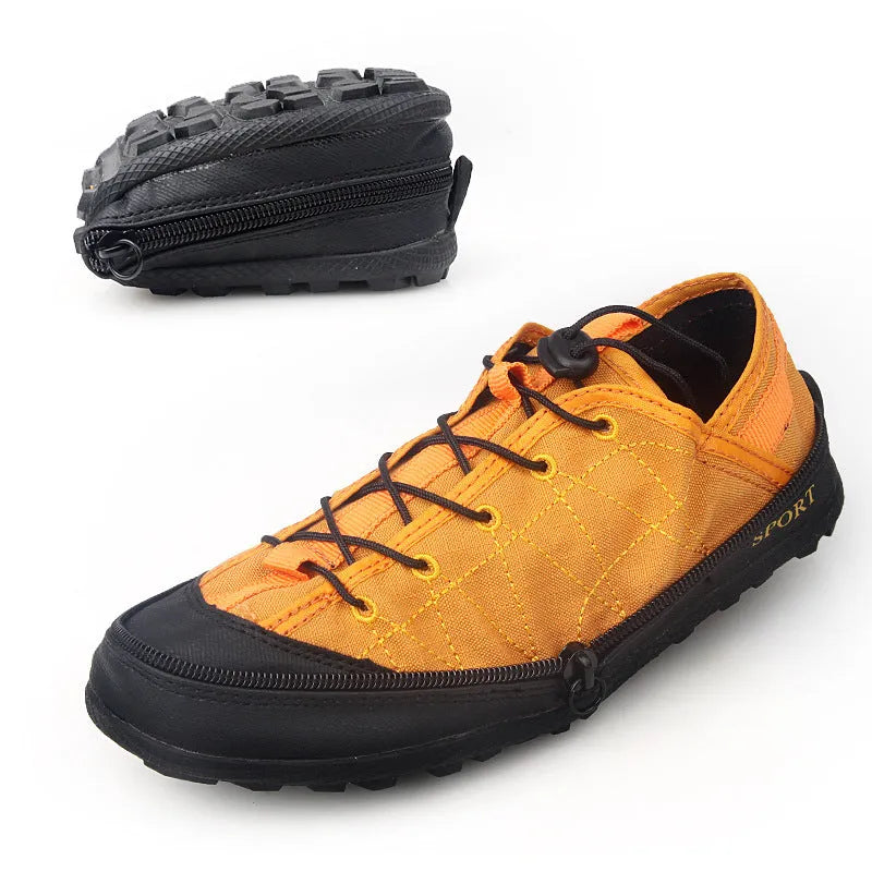 Portable folding outdoor hiking camp travel shoes in orange colour with mesh upper and side zipper