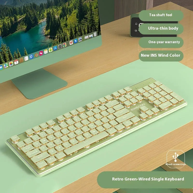 Prewalker V3 wired keyboard and mouse suit in retro green colour on desktop