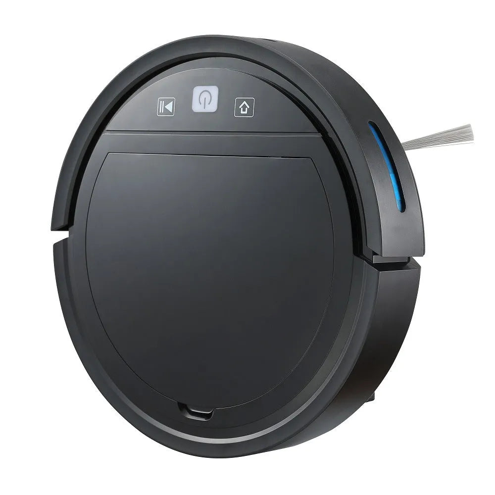 Black automatic recharge vacuum cleaner with remote control on a hard floor, showing its charging base