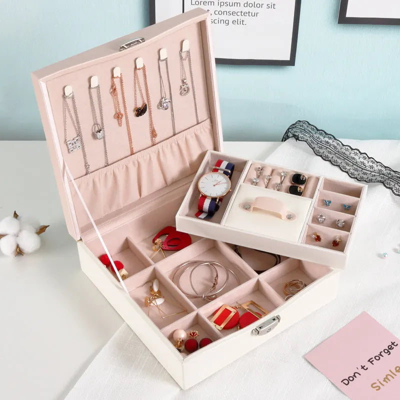Red and white PU leather jewellery storage box with large capacity for necklace and ring organisation