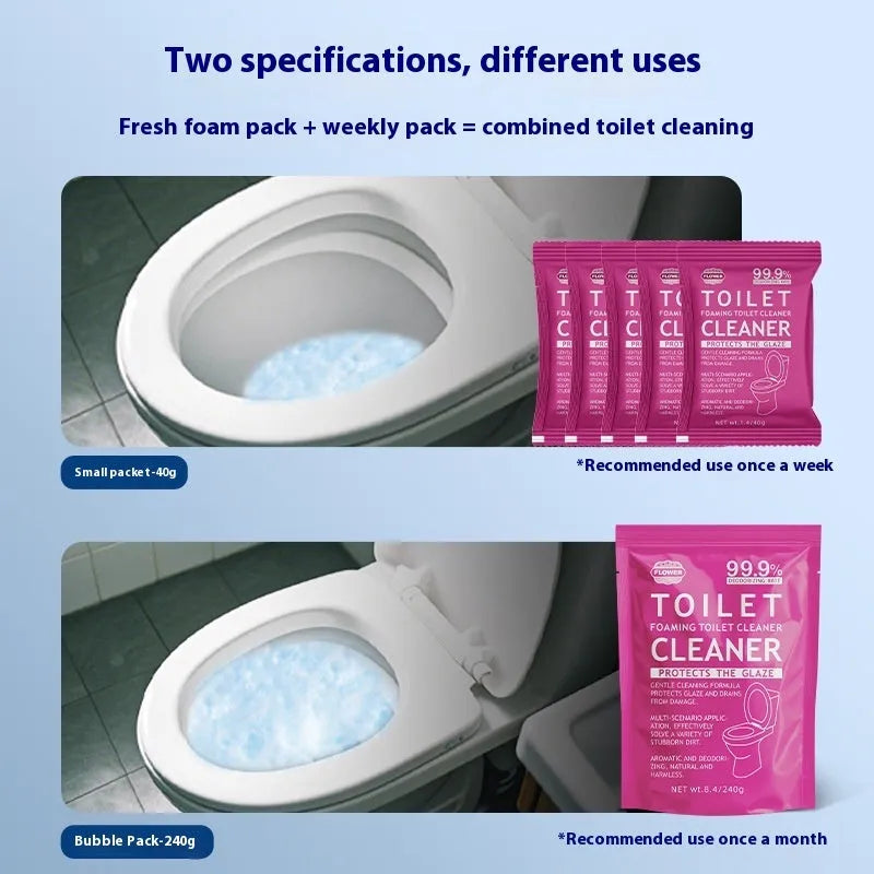 Toilet bubble powder descaler in blue ocean or pink floral fragrance, boxed 5x40g bags or 240g large bag.