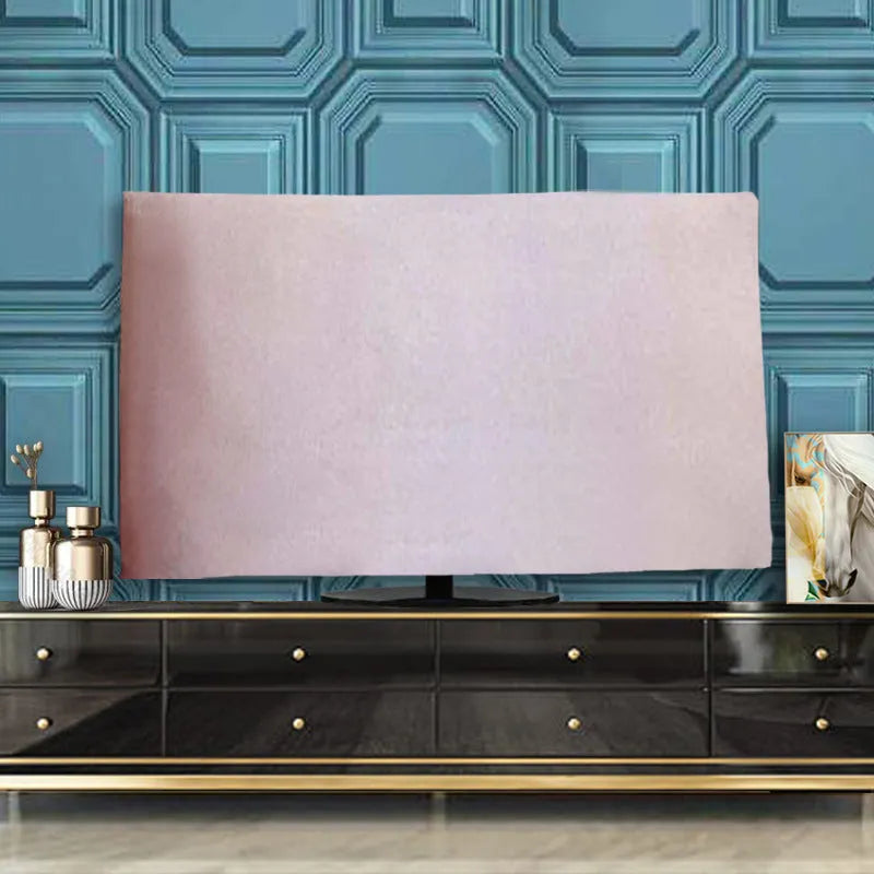Velvet fabric TV cover draped over a television, shown in pink, black, gray, khaki, light blue and dark green colour options.