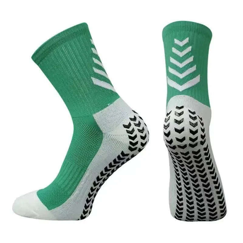 Men's mid-calf athletic socks with geometric patterns and silicone grip for running sports