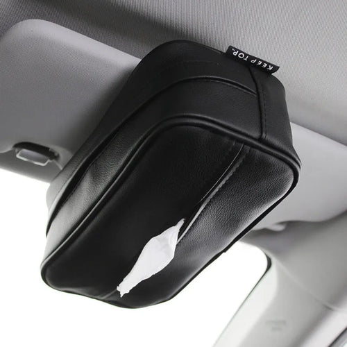 Black PU leather hanging storage box for paper bags, shown suspended, with dimensions 23x13x9cm.