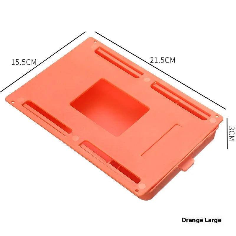 Plastic storage box with adhesive base for mounting under a table