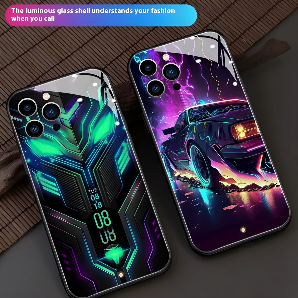 Racing car creative style glass phone case for Apple iPhone 15 in green with shockproof and anti-fingerprint protection