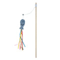 Wooden handle cat wand toy with catnip fish, ribbons and bell attachment in blue colour