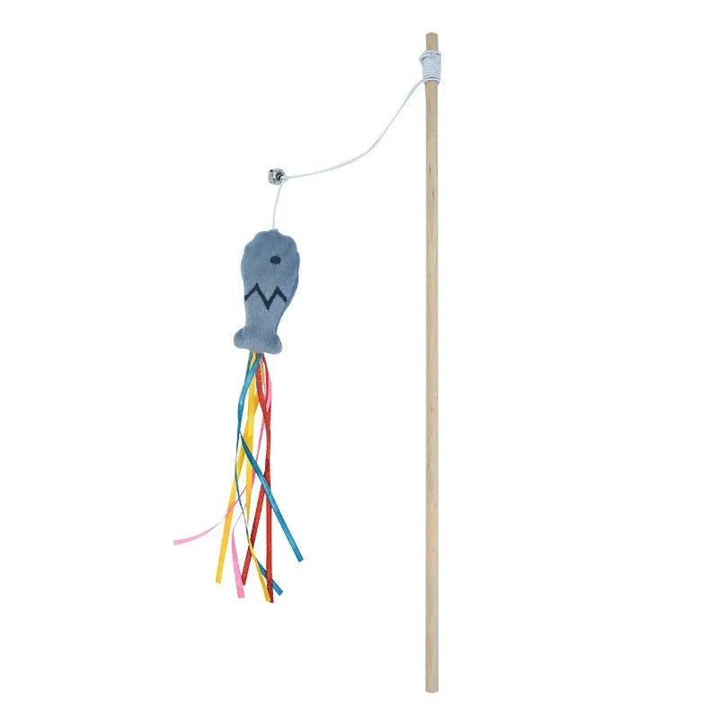 Wooden handle cat wand toy with catnip fish, ribbons and bell attachment in blue colour